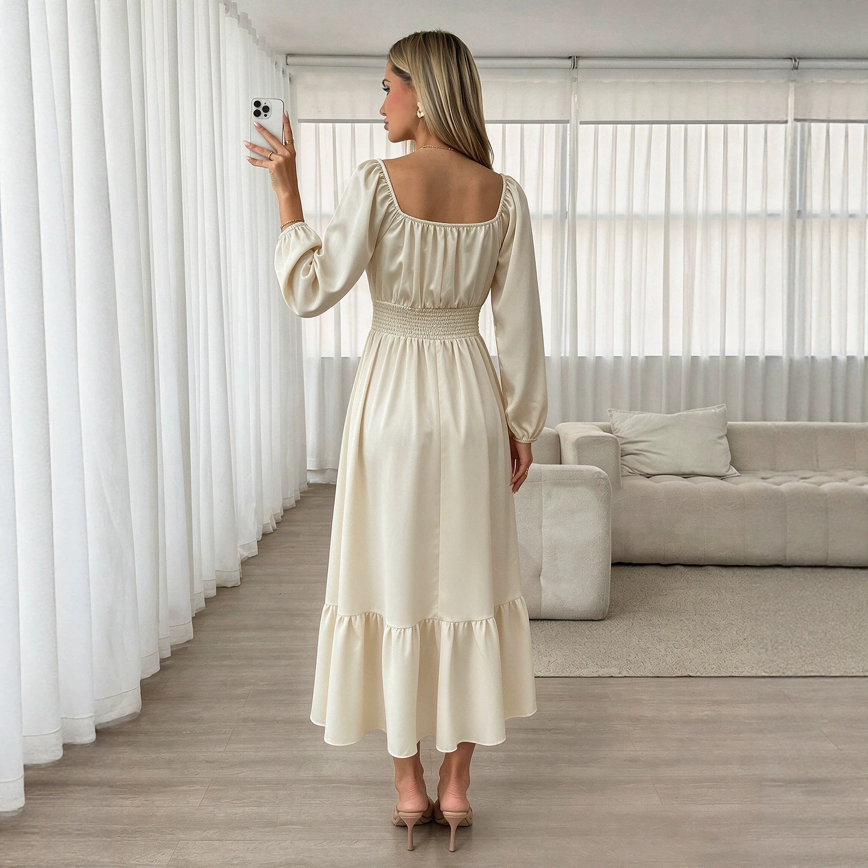 Square Neck Long Sleeve Dress for Women Puff Sleeves Waist Tie Ruffled Hem Slim Fit Perfect for Spring and Summer