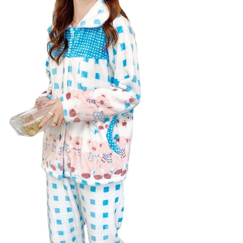 11 autumn and winter pajamas pregnant women coral fleece postpartum nursing monthly clothes fleece-lined thickened flannel pregnancy nursing clothes