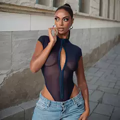Amazon 2026 Summer European and American Style Cross-Border New Metal Buckle Sexy See-Through Slim-Fit Mesh Bodysuit