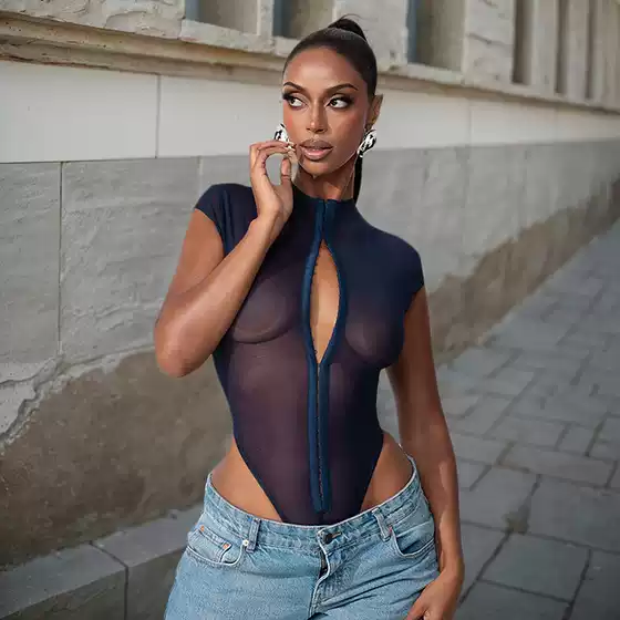 Amazon 2026 Summer European and American Style Cross-Border New Metal Buckle Sexy See-Through Slim-Fit Mesh Bodysuit