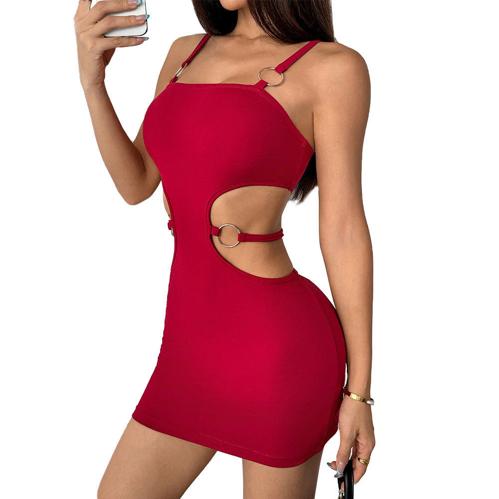 Summer Womens Dress Sexy Red Wine Color Hollow Waist Design Short Style Perfect for Parties and Casual Outings