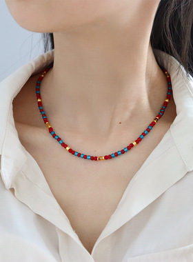 欧美多巴胺彩色天然石串珠项链简约时尚复古气质百搭锁骨链