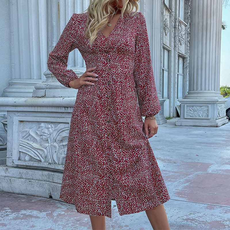 Fashionable Womens Long Sleeve Dress V Neck Single Breasted Elegant Design Autumn Wear Wholesale Available