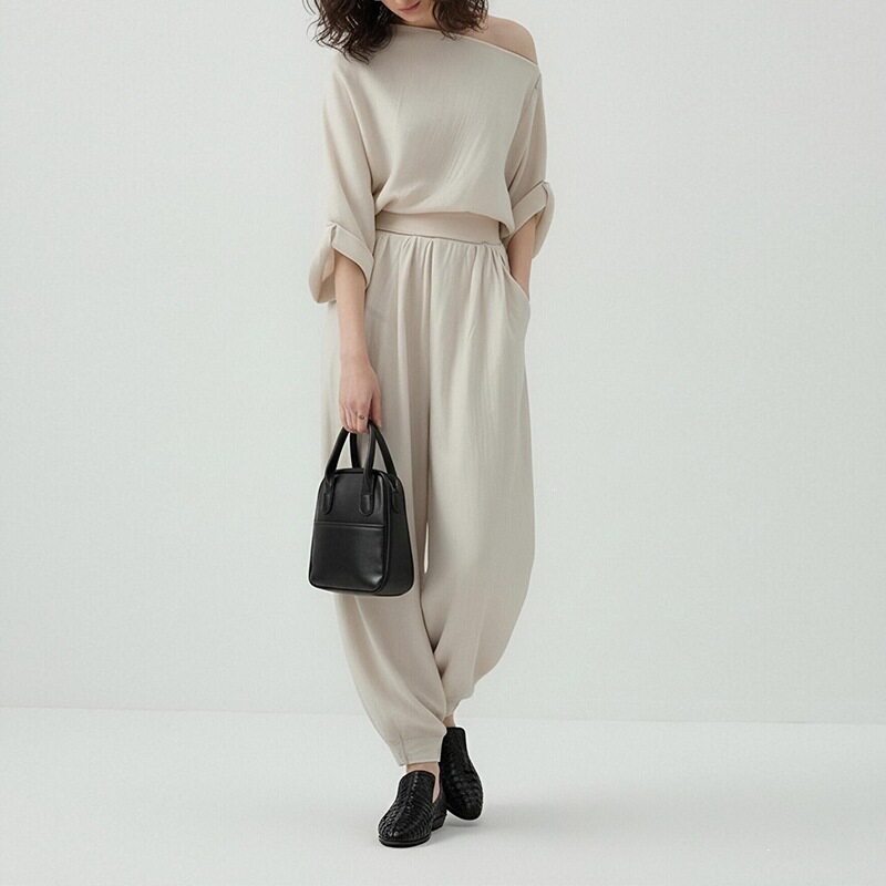 Womens Summer Casual Set Solid Color Loose Fit Asymmetrical Shoulder Wide Leg Pants Perfect for Everyday Wear