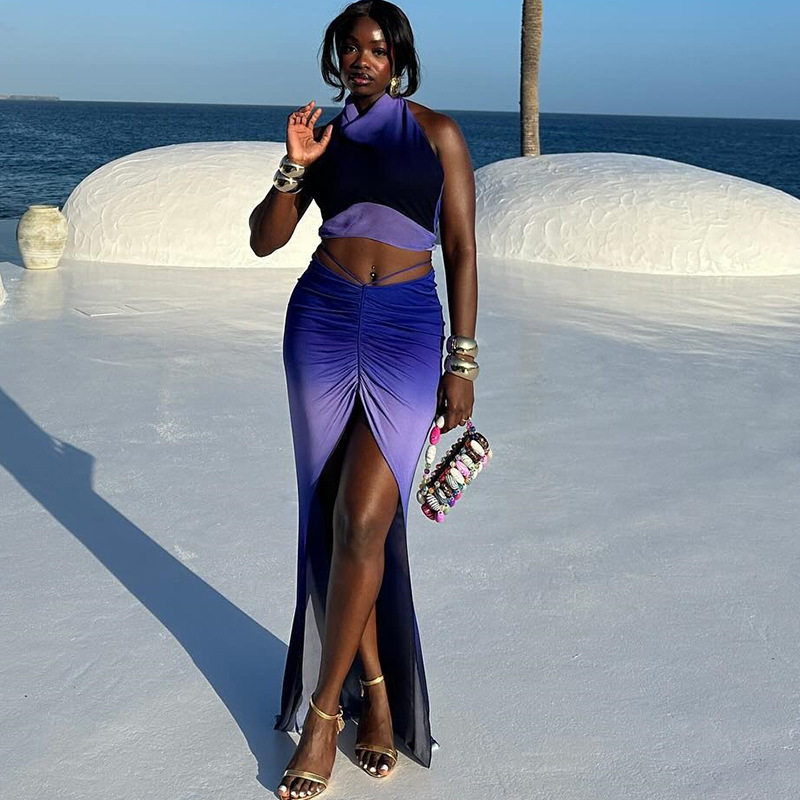 Fashion Floral Two Piece Set Sleeveless Backless High Slit Skirt Trendy for Summer Outings Wholesale Available
