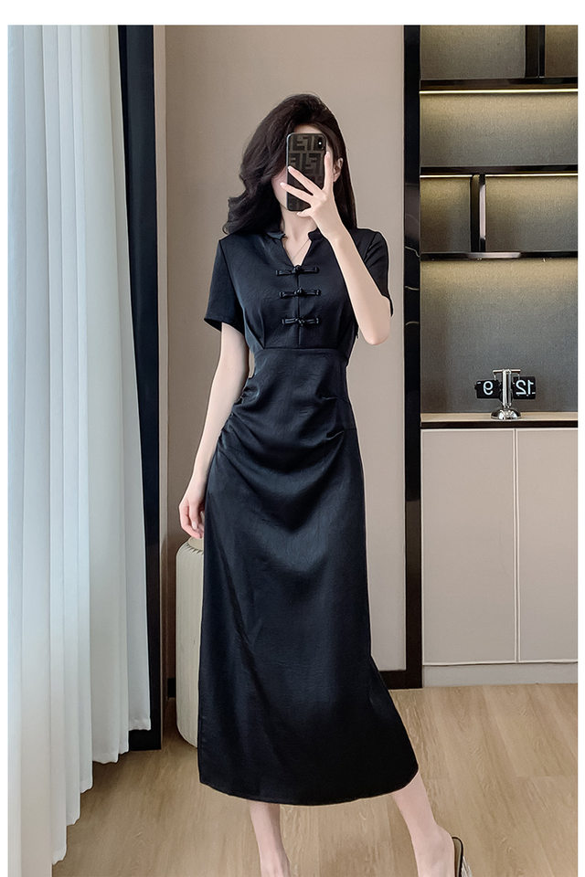 Váy Đầm Nữ Dáng Ôm Chiết Eo Phong Cách Trung Hoa Cổ Điển Màu Đen chi tiết 17