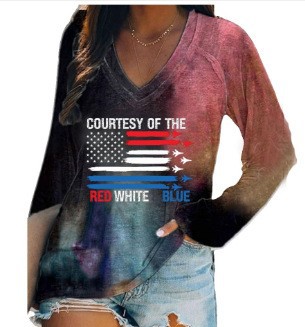 外贸跨境夏季女装简约休闲v领长袖T恤印花T恤女 独立站厂家货源