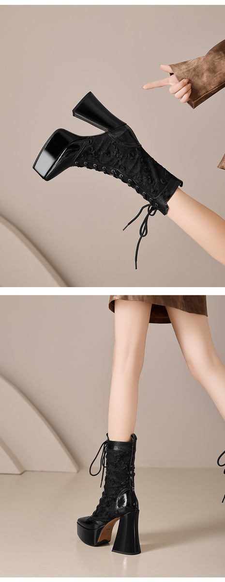 Boot nữ cao gót 12cm buộc dây phối ren đế dày cổ thấp — Da bò đen + lót nhung ren, Da bò đen + lót ren, Lớp lót bằng da bò màu đen