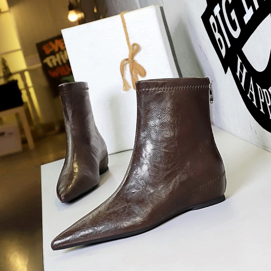 Boot nữ cổ thấp gót vừa khóa kéo sau, mũi nhọn tôn dáng, phong cách cổ điển dễ phối đồ — Lớp lót đơn màu đen, Lớp lót đơn màu nâu sẫm, Lớp lót nhung đen, Nhung màu nâu sẫm