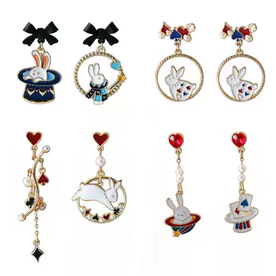 Japanese and Korean Style Ins Bow Rabbit Ear Studs Spades Plum Blossom Love Fun Color Contrast Asymmetric Earrings Ear Jewelry