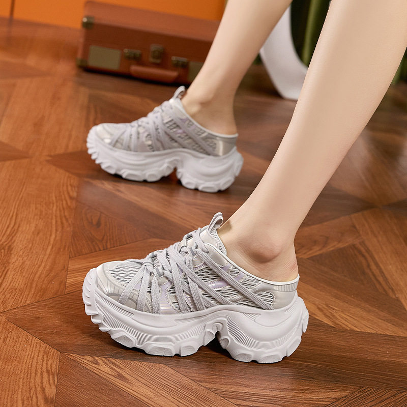 Sandal nữ cao gót hở mũi quai ngang đế dày thoáng khí — Xám, Len nguyên chất