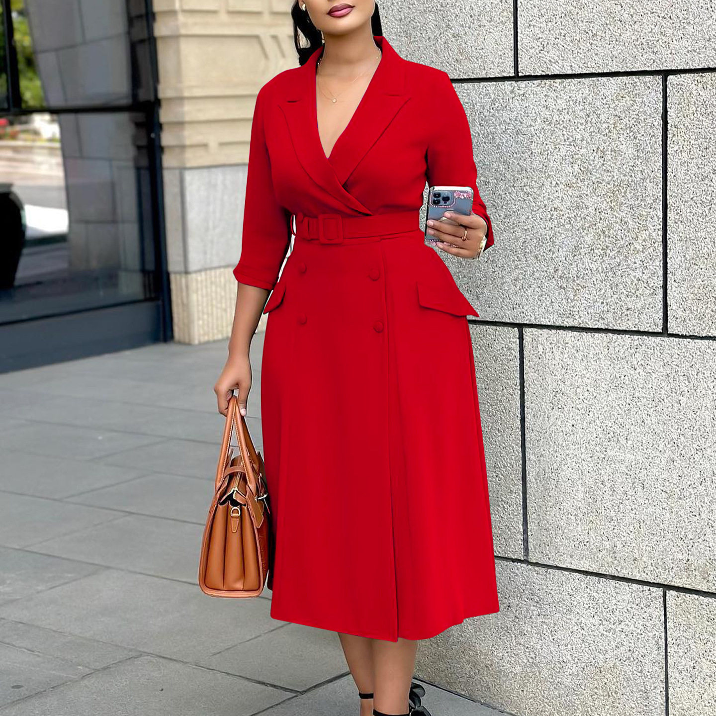 Double Breasted Blazer Dress Elegant Solid Color Mid Length Fashionable Design Perfect for Office or Casual Events