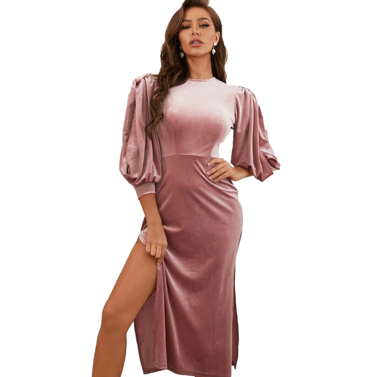 Velvet Bodycon Dress Three Quarter Puff Sleeves Sexy Side Slit Mid Length Party Wear Wholesale Available