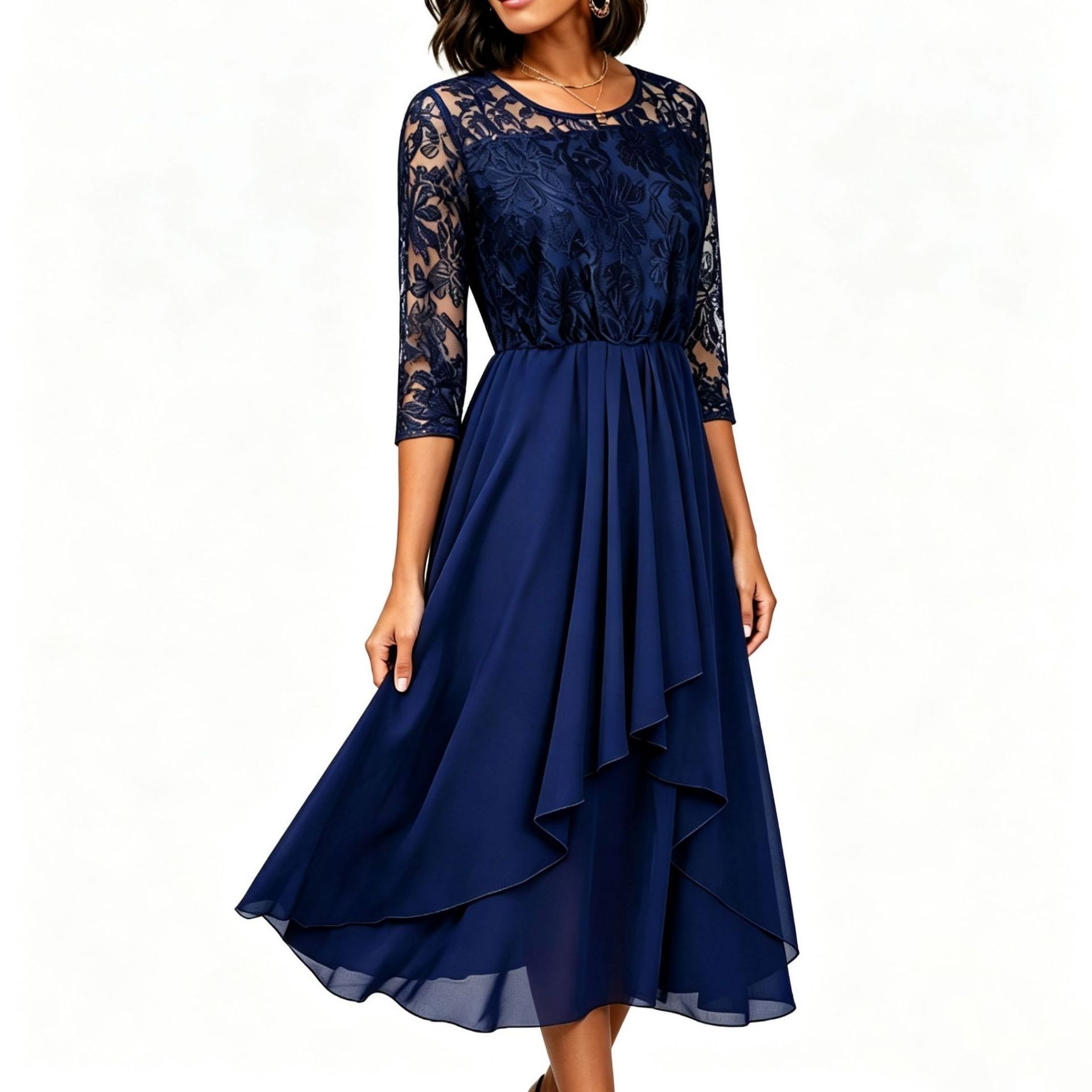 Lace Chiffon Dress Round Neck Irregular Hem Summer Style Perfect for Parties and Events Wholesale Available