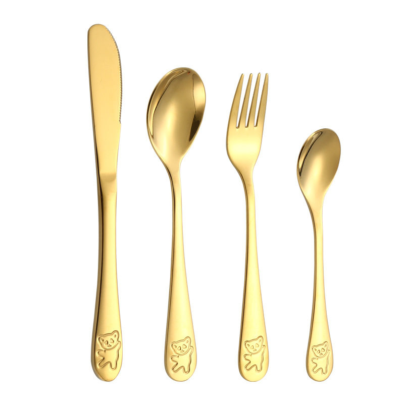 Bear four-piece 304 stainless steel tableware suit cartoon children's spoon Fork knife dessert spoon student Golden Western food