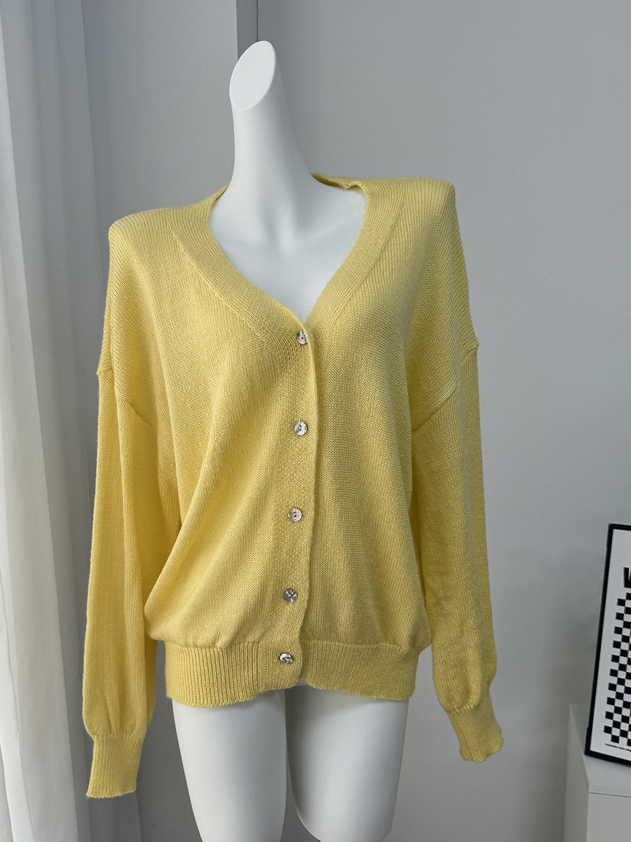 Soft Mohair V Neck Cardigan Hollow Out Design Lantern Sleeves Chic Style Perfect for Autumn Wholesale Available