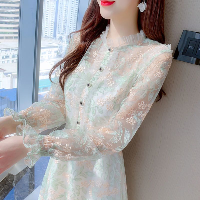 French Style Long Sleeve Midi Dress for Women Ruffle Hem Sheer Fabric Elegant Design Perfect for Spring and Autumn