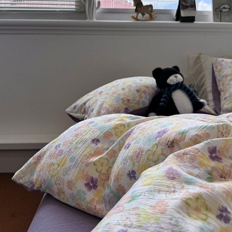 Double-Layer Gauze Printed Four-Piece Set, Nordic Style, Suitable for Sleeping Naked, Mother and Baby Grade Long-Staple Cotton Duvet Cover, Three-Piece Bed Sheet Set, Egyptian Long-Staple Cotton