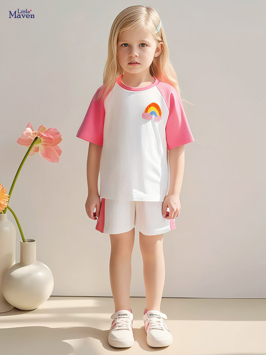 Girls' Summer Cotton Short-Sleeve Set, Stylish Towel Embroidery Kids' Outfit