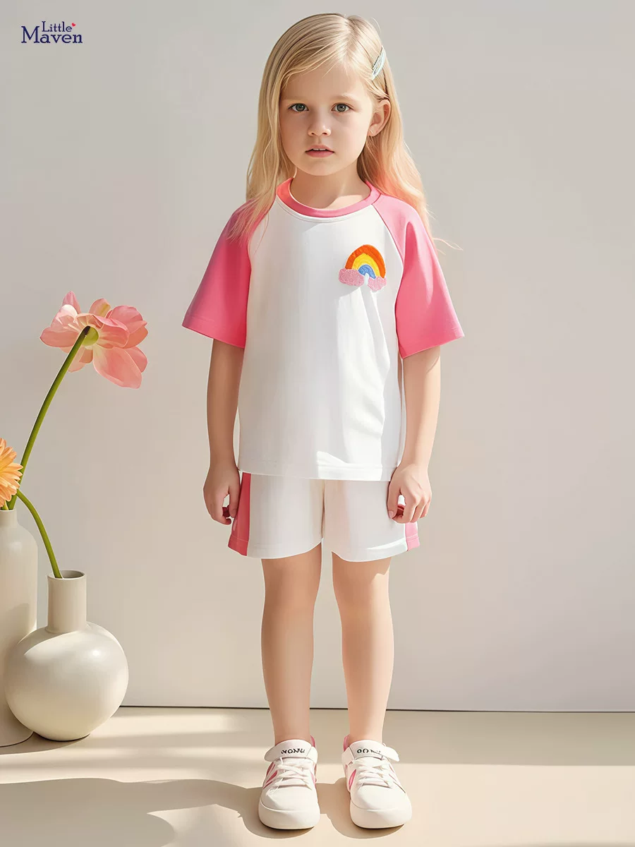 Girls' Summer Cotton Short-Sleeve Set, Stylish Towel Embroidery Kids' Outfit
