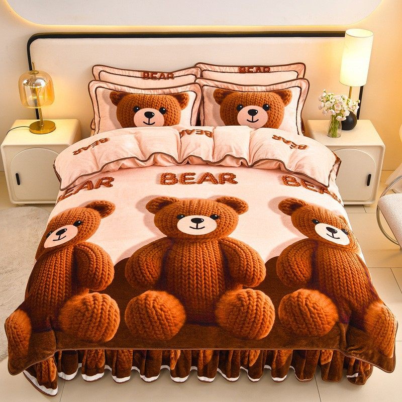 Popular Live-Streamed Fleece-Lined and Thickened Milk Velvet Four-Piece Bedding Set, High Weight, Soft Printed Gold Carving Velvet Gift Bedding