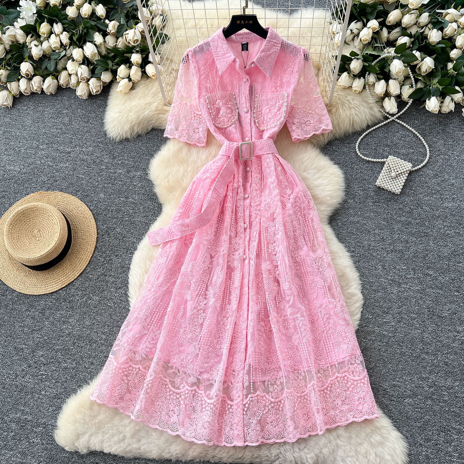 French Style Elegant Beaded Pocket Short Sleeve Dress Fitted Waist Floral Embroidery Mesh Fabric Evening Wear