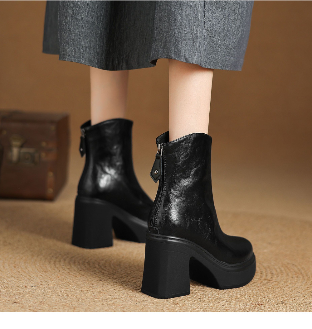 Boot nữ da bò gót thô 9,5cm cổ ngắn khóa kéo sau — Lớp lót đơn màu đen, Lớp lót đơn màu nâu đậm, Lót nhung đen, Lót nhung màu nâu đậm