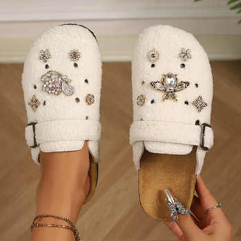 Retro Rivet Rhinestone Gray Thick-Soled Heightening Birkenstock Shoes for Women 2025 Winter New Baotou Lazy Half Slippers