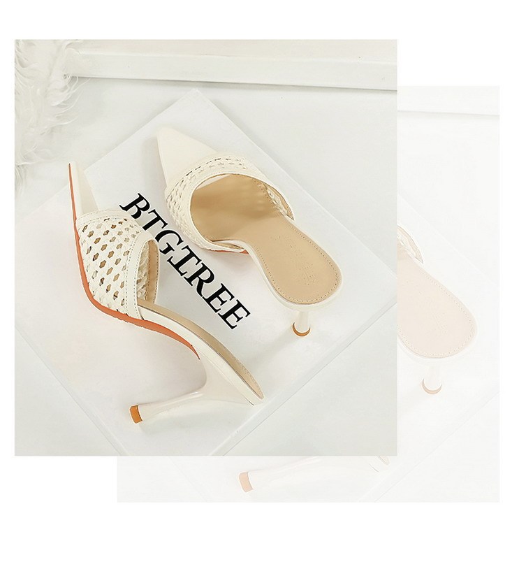 Sandal cao gót nữ mũi nhọn hở ngón quai dệt phối đồ thời trang — Màu bạc, Màu be, màu đen, Màu trắng