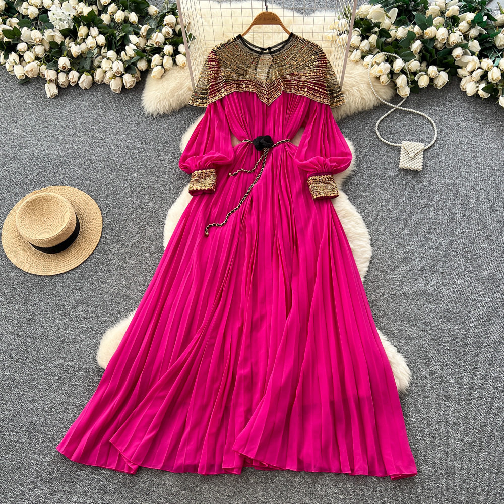 French Style Embroidered Beaded Sequin Mesh Lantern Sleeve Tie Waist Pleated Maxi Dress for Women Elegant Evening Wear
