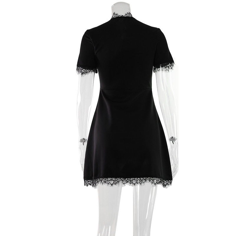 Lace Trim Short Sleeve A Line Dress Solid Color Hollow Out Bust Waist Cinching Casual Summer Wear Wholesale