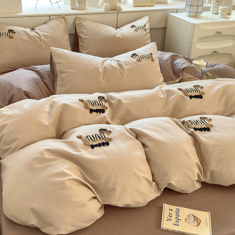 Blue Dog Towel Embroidered Cotton Bed Four-piece Set Cartoon Style Cotton Quilt Cover Children's Three-piece Set Wholesale