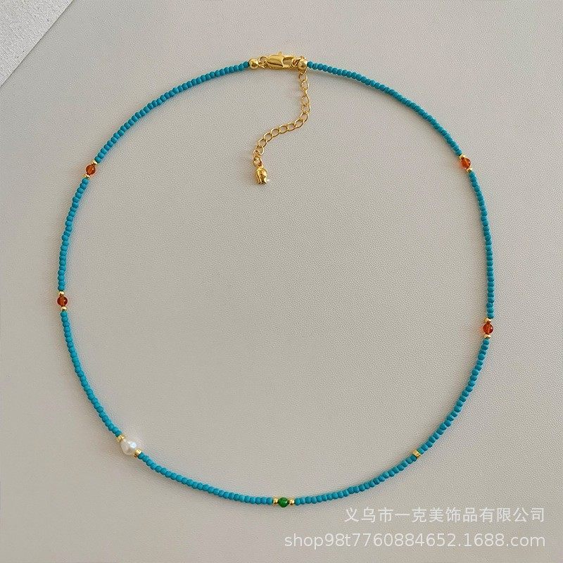 S925 Authentic Fine Natural Freshwater Small Pearl Green Pine Stone Beaded Necklace Women's Light Luxury High Niche Clavicle Chain