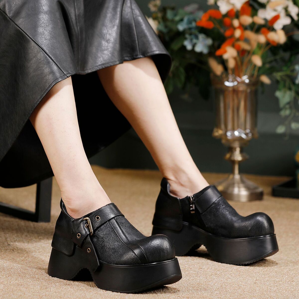 Boot nữ cổ thấp da bò thật đế dày khóa kéo hông phong cách cổ điển — Màu cà phê, màu đen