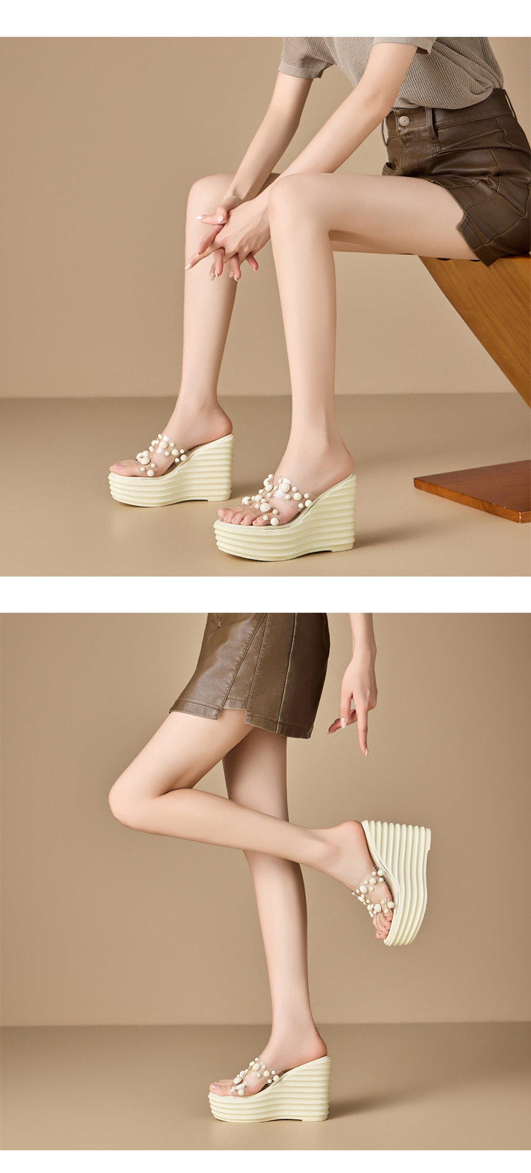 Sandal cao gót nữ hở mũi đế xuồng 12 cm phối ngọc trai — [Trắng sữa], [Đen] chi tiết 3