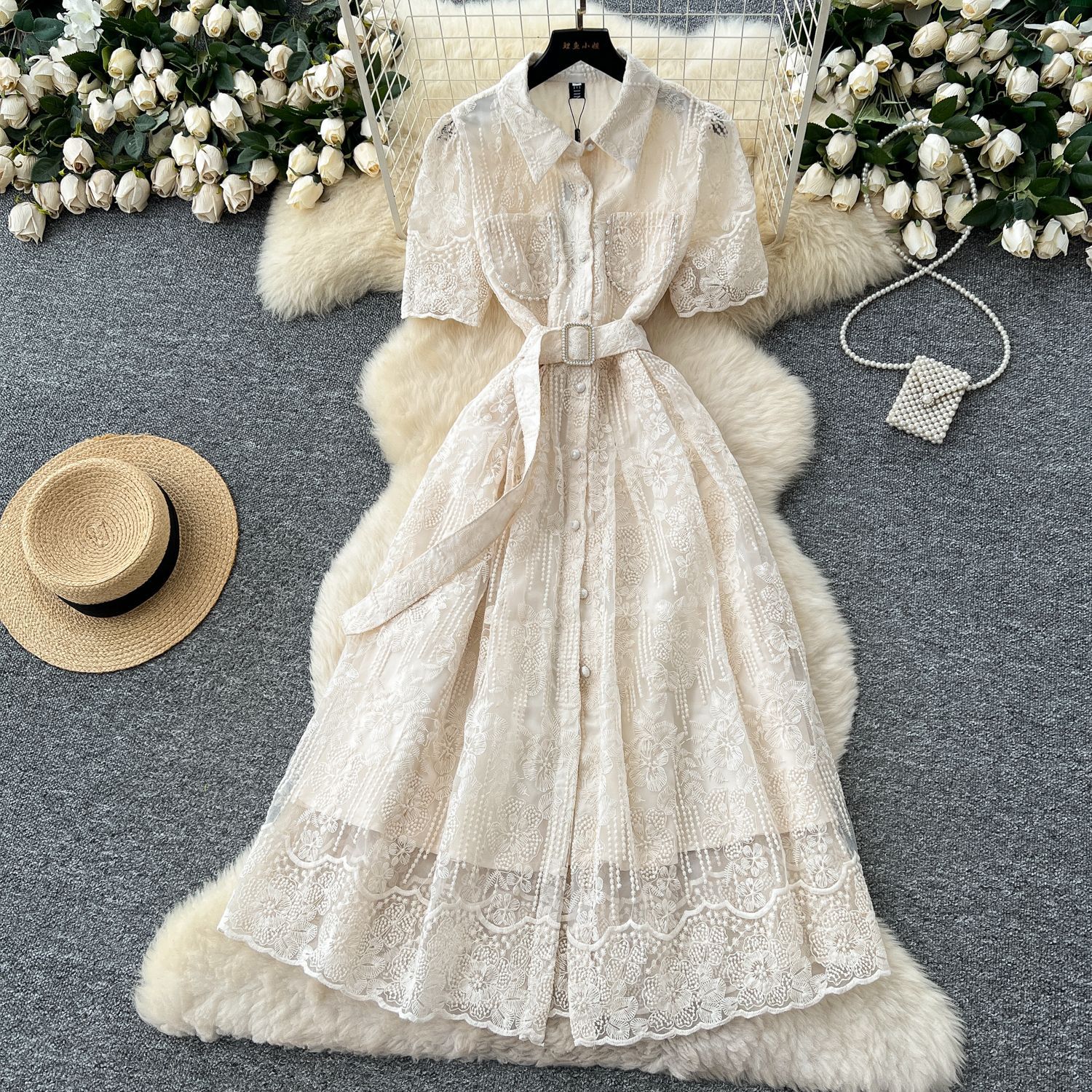 French Style Elegant Beaded Pocket Short Sleeve Dress Fitted Waist Floral Embroidery Mesh Fabric Evening Wear