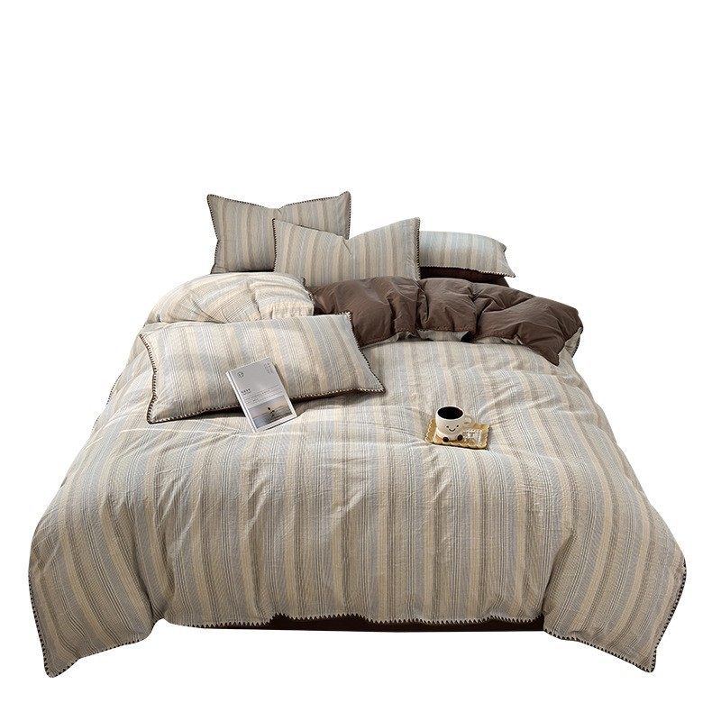 Pure Cotton Washed Cotton Bed Four-Piece Set Simple Stripesd Bedding Pure Cotton 100 Quilt Cover Bed Sheets Three-Piece Bedding Set
