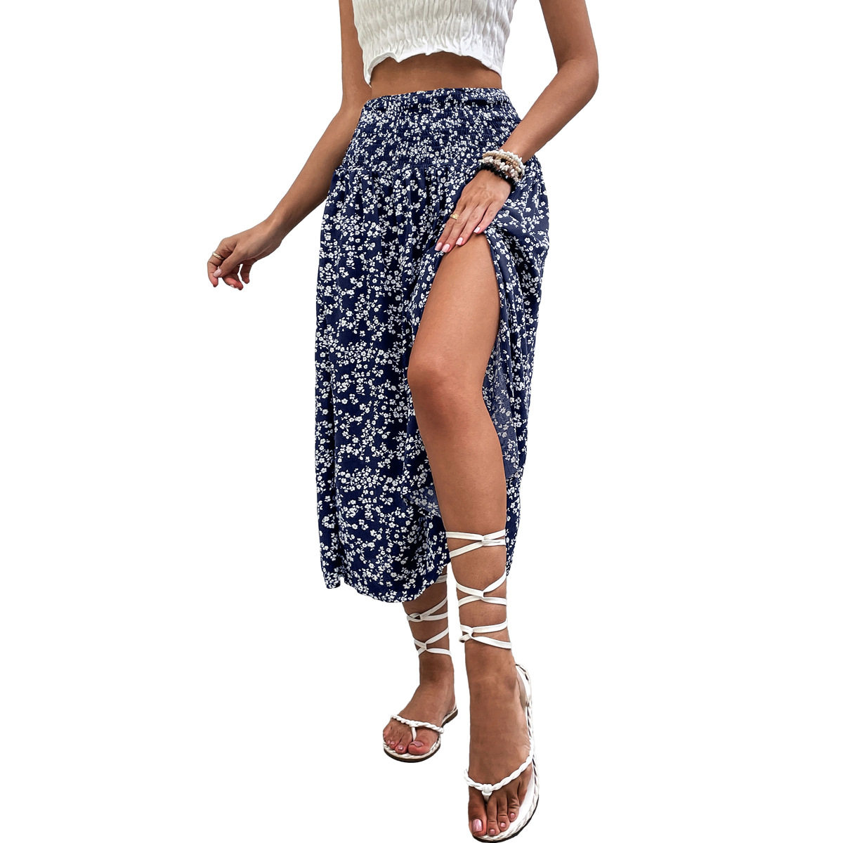 Summer Floral Midi Skirt Casual Fresh Style Blue Color Perfect for Vacation Wear Wholesale Available