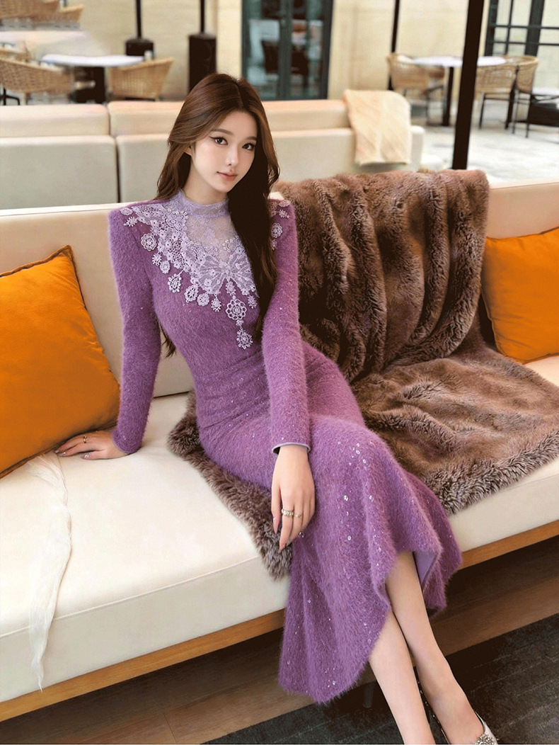 Đầm liền thân nữ cổ tròn phối ren ôm dáng đuôi cá dài — Màu tím