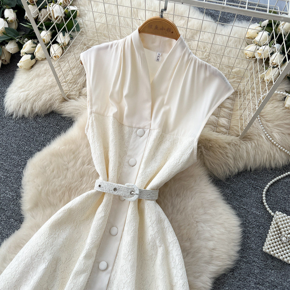 Sleeveless French Elegant Dress Button Closure Waist Defining Slim Fit Long Length Summer Office Wear for Women