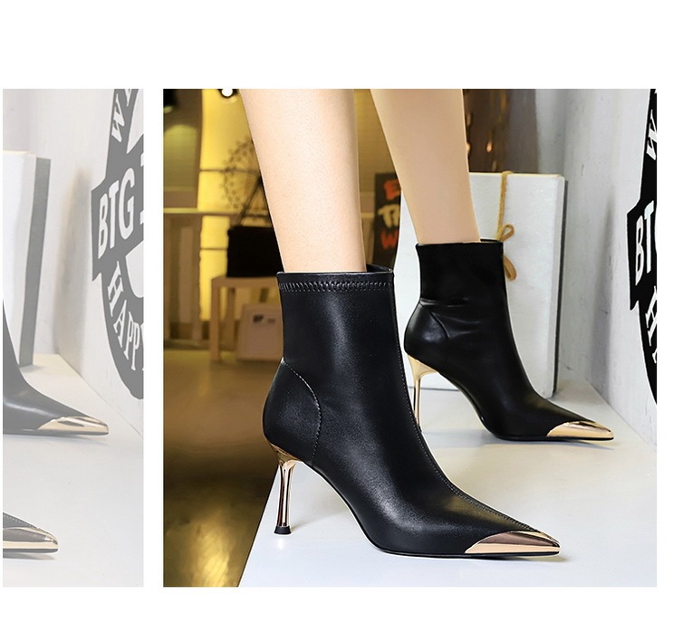 Boot nữ cổ thấp gót nhọn siêu cao mũi nhọn kim loại phối khóa kéo — 319-11 đen 8cm, 319-A11 Cà phê 5cm, 319-A11 đen 5cm, Màu nâu 319-11 8cm