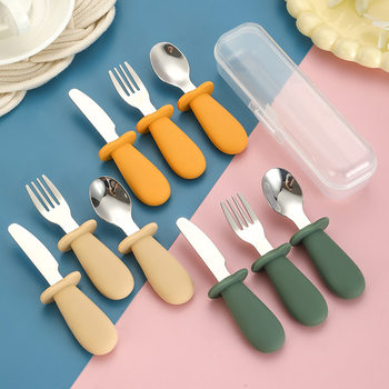 Silicone Children's Tableware 316 Stainless Steel Knife, Fork, and Spoon Three-Piece Set Boxed Baby Western Tableware Cross-Border Foreign Trade