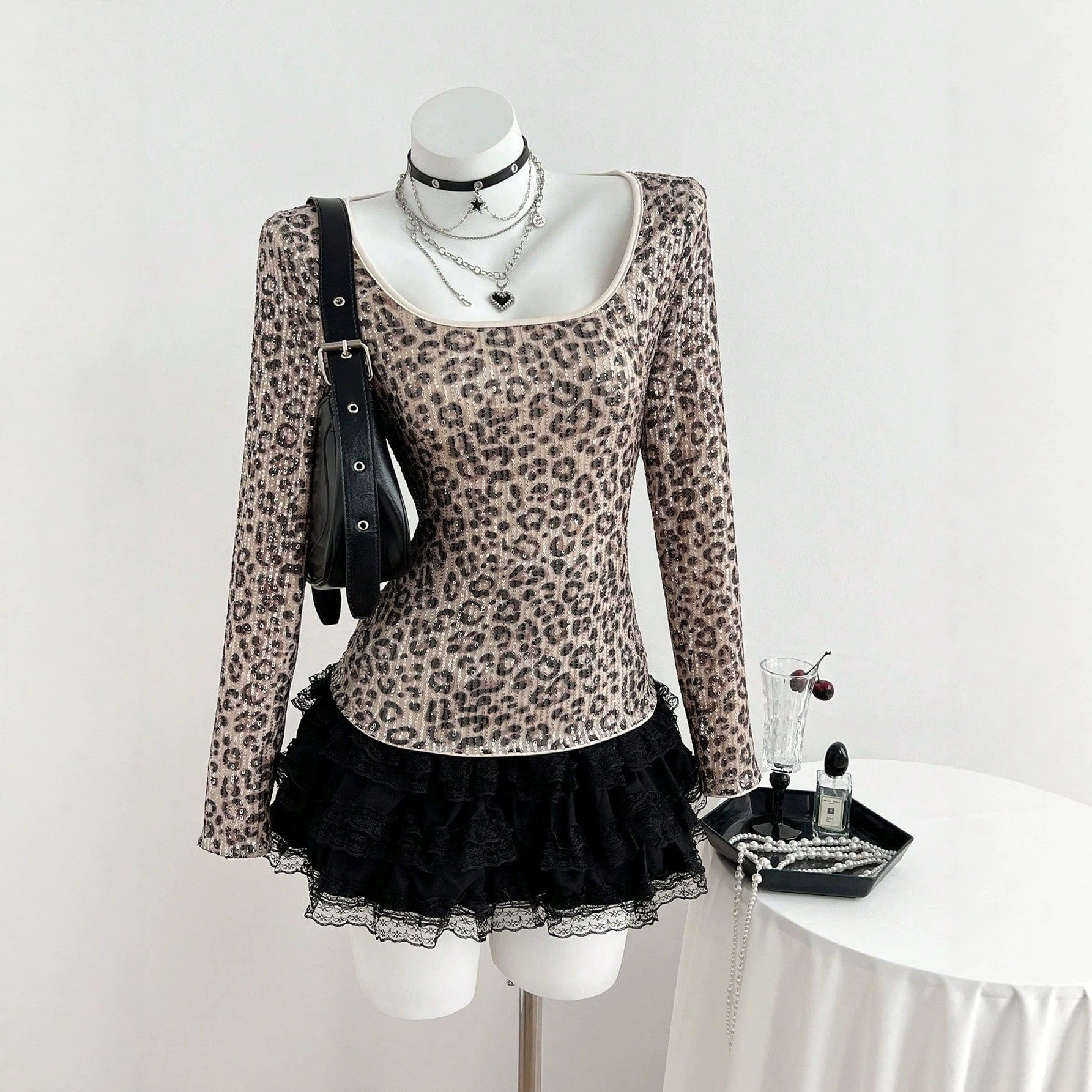 Leopard Print Long Sleeve T Shirt Slim Fit Square Neck Trendy Design Casual Wear for Women Ready to Ship