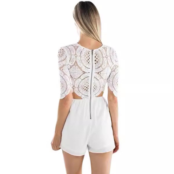 High End Lace Jumpsuit Floral Design Cotton Blend Hollow Out Short Style Perfect for Summer Events Wholesale