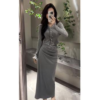 Fashionable Chanel-Style Women's Early Spring New Slim-Fit Top and High-Waisted Pencil Skirt Two-Piece Set