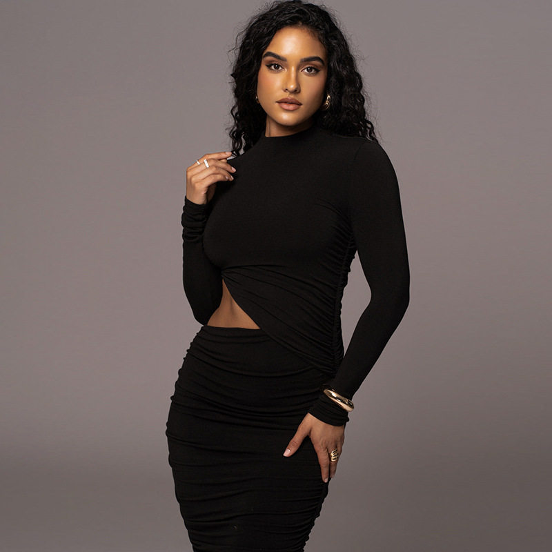 Elegant Bodycon Dress Long Sleeve Hollow Out Ruffled Design Solid Color Spring Fall Occasion Wholesale Available