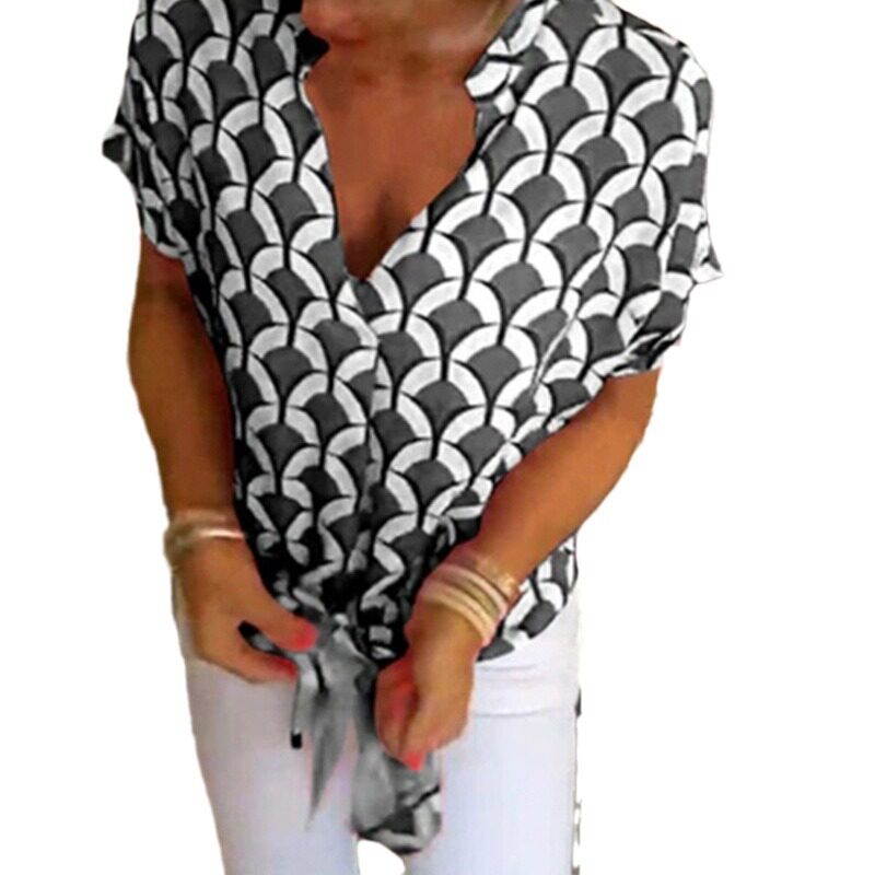 Elegant Floral Print V Neck Short Sleeve Blouse Summer Style Womens Fashion Top Wholesale Available