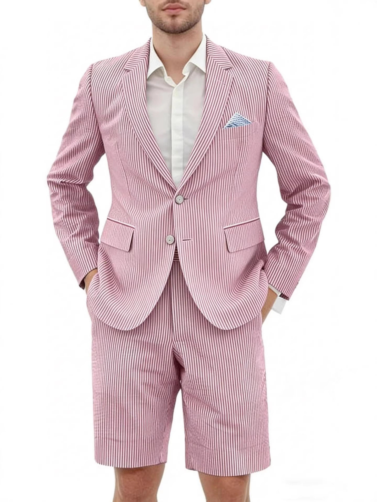 summer thin striped slim fit pants two-piece set for men