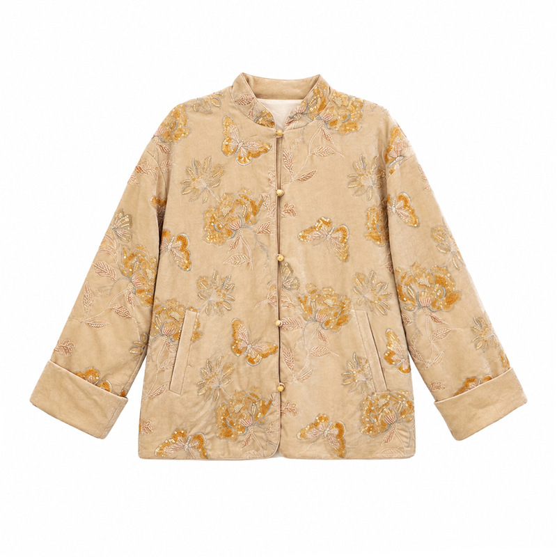 Áo khoác nữ cổ đứng dài tay thêu hoa đính kim sa phong cách retro — Màu cam mơ (giao hàng trong 7 ngày), Màu cam mơ (giao hàng trong ngày)