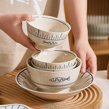 Japanese Style Hefeng Dishes Tableware suit Household Jingdezhen Underglaze Color Ceramic Fish Plate Wholesale Noodle Bowl Soup Bowl